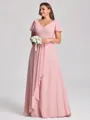 A-line V-neck Short Sleeves Pleated Floor-Length Chiffon Corset Plus Size Bridesmaid Dress