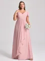 A-line V-neck Short Sleeves Pleated Floor-Length Chiffon Corset Plus Size Bridesmaid Dress