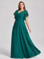A-line V-neck Short Sleeves Pleated Floor-Length Chiffon Corset Plus Size Bridesmaid Dress