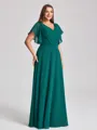 A-line V-neck Short Sleeves Pleated Floor-Length Chiffon Corset Plus Size Bridesmaid Dress