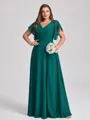 A-line V-neck Short Sleeves Pleated Floor-Length Chiffon Corset Plus Size Bridesmaid Dress