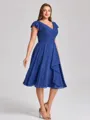 A-line V-neck Short Sleeves Pleated Knee-Length Chiffon Corset Plus Size Bridesmaid Dress