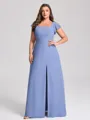 A-line Square Short Sleeves Floor-Length Chiffon Plus Size Bridesmaid Dress