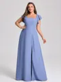 A-line Square Short Sleeves Floor-Length Chiffon Plus Size Bridesmaid Dress