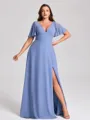 A-line V-neck Short Sleeves Pleated Floor-Length Chiffon Corset Plus Size Bridesmaid Dress