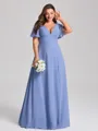 A-line V-neck Short Sleeves Pleated Floor-Length Chiffon Corset Plus Size Bridesmaid Dress