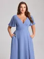 A-line V-neck Short Sleeves Pleated Floor-Length Chiffon Corset Plus Size Bridesmaid Dress
