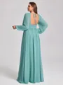 A-line V-neck Long Sleeves Pleated Floor-Length Chiffon Plus Size Bridesmaid Dress