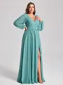 A-line V-neck Long Sleeves Pleated Floor-Length Chiffon Plus Size Bridesmaid Dress