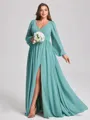 A-line V-neck Long Sleeves Pleated Floor-Length Chiffon Plus Size Bridesmaid Dress
