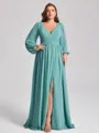A-line V-neck Long Sleeves Pleated Floor-Length Chiffon Plus Size Bridesmaid Dress