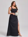 Sheath Square Pleated Floor-Length Satin Plus Size Bridesmaid Dress