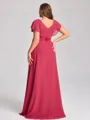 A-line V-neck Short Sleeves Sash/Ribbon/Belt Floor-Length Chiffon Plus Size Bridesmaid Dress