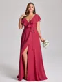 A-line V-neck Short Sleeves Sash/Ribbon/Belt Floor-Length Chiffon Plus Size Bridesmaid Dress