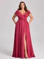 A-line V-neck Short Sleeves Sash/Ribbon/Belt Floor-Length Chiffon Plus Size Bridesmaid Dress