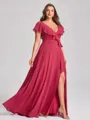A-line V-neck Short Sleeves Sash/Ribbon/Belt Floor-Length Chiffon Plus Size Bridesmaid Dress