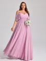 A-line Cold Shoulder Short Sleeves Pleated Floor-Length Chiffon Plus Size Bridesmaid Dress