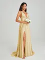 A-Line/Princess V-neck Sweep/Brush Train Sleeveless Jersey Bridesmaid Dress