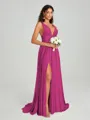A-Line/Princess V-neck Sweep/Brush Train Sleeveless Jersey Bridesmaid Dress