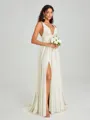 A-Line/Princess V-neck Sweep/Brush Train Sleeveless Jersey Bridesmaid Dress