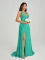 A-Line/Princess V-neck Sweep/Brush Train Sleeveless Jersey Bridesmaid Dress
