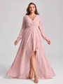 A-line V-neck Long Sleeves Pleated Asymmetrical Chiffon Plus Size Bridesmaid Dress
