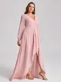 A-line V-neck Long Sleeves Pleated Asymmetrical Chiffon Plus Size Bridesmaid Dress