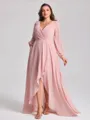 A-line V-neck Long Sleeves Pleated Asymmetrical Chiffon Plus Size Bridesmaid Dress