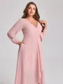 A-line V-neck Long Sleeves Pleated Asymmetrical Chiffon Plus Size Bridesmaid Dress