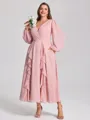 A-line V-neck Long Sleeves Ruffles Tea-Length Chiffon Corset Plus Size Bridesmaid Dress