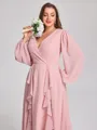 A-line V-neck Long Sleeves Ruffles Tea-Length Chiffon Corset Plus Size Bridesmaid Dress