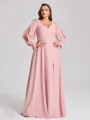 A-line V-neck Long Sleeves Bow Floor-Length Chiffon Plus Size Bridesmaid Dress