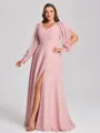 A-line V-neck Long Sleeves Bow Floor-Length Chiffon Plus Size Bridesmaid Dress