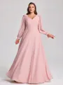 A-line V-neck Long Sleeves Bow Floor-Length Chiffon Plus Size Bridesmaid Dress