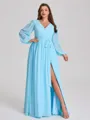 A-line V-neck Long Sleeves Sash/Ribbon/Belt Floor-Length Chiffon Plus Size Bridesmaid Dress