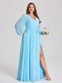 A-line V-neck Long Sleeves Sash/Ribbon/Belt Floor-Length Chiffon Plus Size Bridesmaid Dress