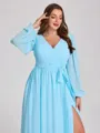 A-line V-neck Long Sleeves Sash/Ribbon/Belt Floor-Length Chiffon Plus Size Bridesmaid Dress