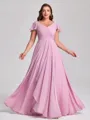 A-line V-neck Short Sleeves Ruffles Floor-Length Chiffon Plus Size Bridesmaid Dress