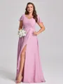 A-line V-neck Short Sleeves Ruffles Floor-Length Chiffon Plus Size Bridesmaid Dress