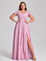 A-line V-neck Short Sleeves Ruffles Floor-Length Chiffon Plus Size Bridesmaid Dress