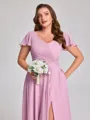 A-line V-neck Short Sleeves Ruffles Floor-Length Chiffon Plus Size Bridesmaid Dress