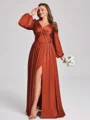 A-line V-neck Long Sleeves Pleated Floor-Length Satin Chiffon Plus Size Bridesmaid Dress