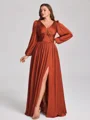A-line V-neck Long Sleeves Pleated Floor-Length Satin Chiffon Plus Size Bridesmaid Dress