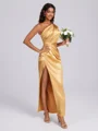 Sheath One-Shoulder Pleated Ankle-Length Silk Like Satin Bridesmaid Dress