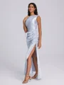 Sheath One-Shoulder Pleated Floor-Length Silk Like Satin Bridesmaid Dress