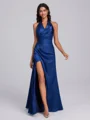 Sheath Halter Pleated Floor-Length Silk Like Satin Bridesmaid Dress