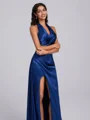 Sheath Halter Pleated Floor-Length Silk Like Satin Bridesmaid Dress