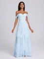 A-line Off-the-Shoulder Ruffles Floor-Length Tulle Corset Bridesmaid Dress