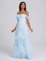 A-line Off-the-Shoulder Ruffles Floor-Length Tulle Corset Bridesmaid Dress