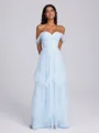A-line Off-the-Shoulder Ruffles Floor-Length Tulle Corset Bridesmaid Dress
